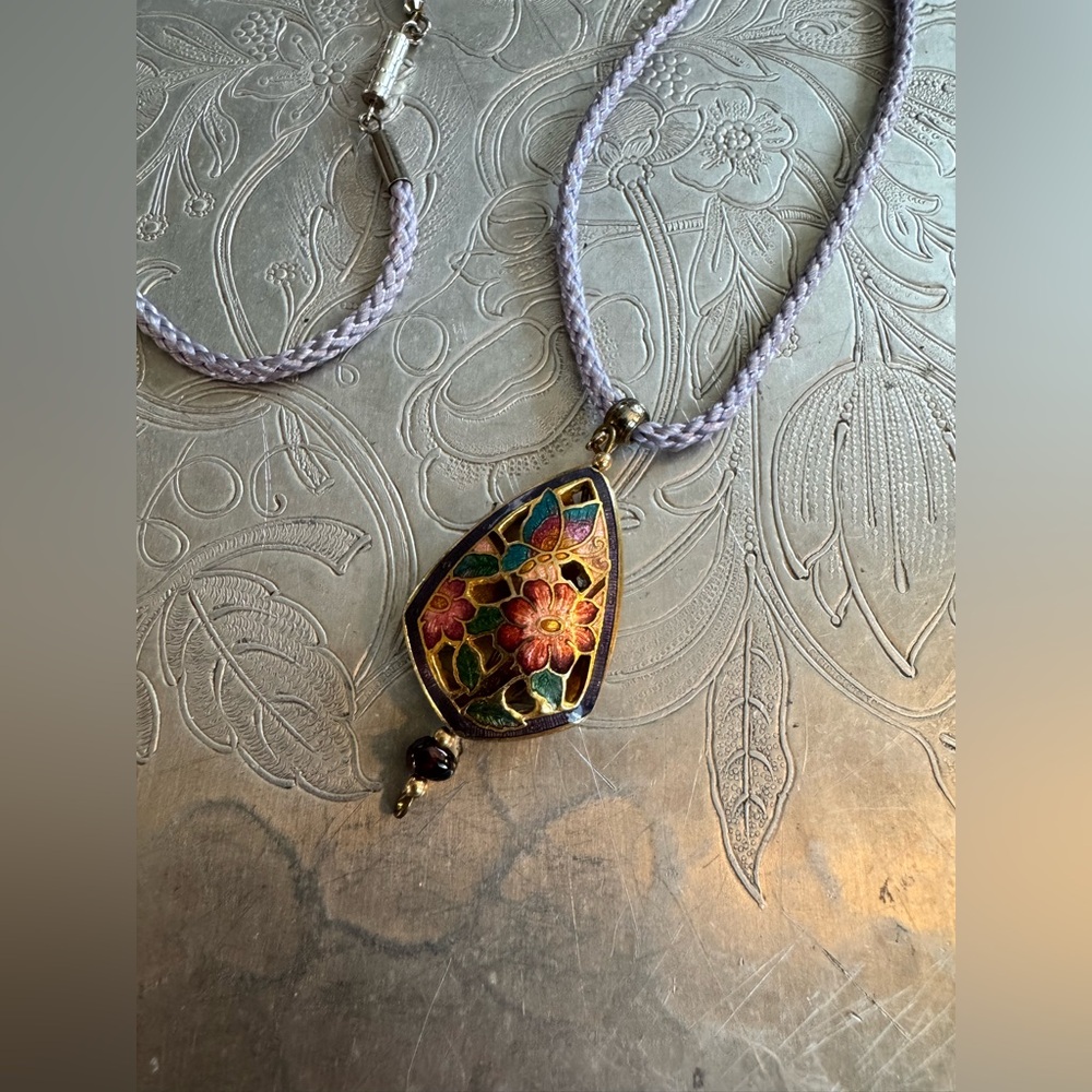 Floral Butterfly Cloisonnne Pendant Necklace with Purple Cord - Picture 3 of 8